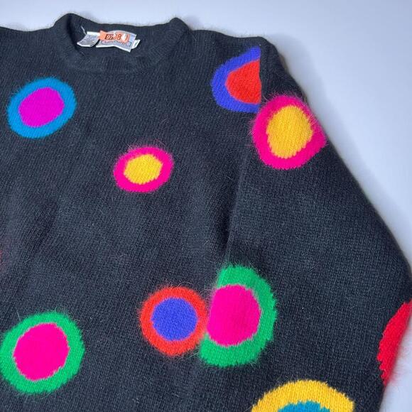 Vintage Rafaella Angora Wool Blend Sweater Black Colorful Polka Dot 80s Size S - Picture 6 of 7